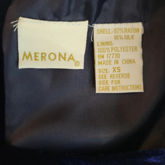 Vintage Merona XS Top Navy Blue Velvet Silk Button Up Back Pleating Oversized - Picture 3 of 6